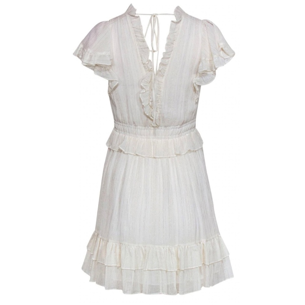 New Rebecca Taylor White Ruffle Cap Slv Dress Metallic Threading Orig$450 Size M